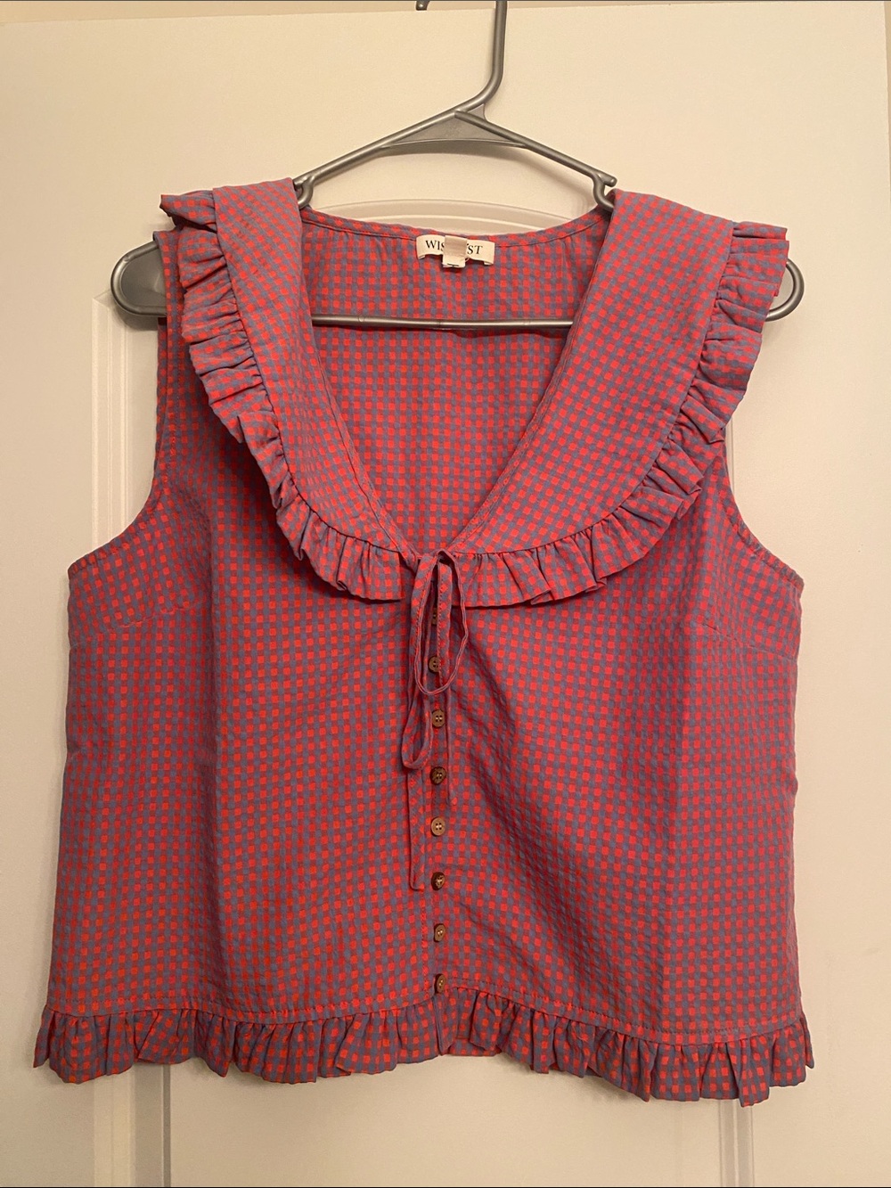 Bohme Sleeveless Ruffle V-Neck Blouse in Pink and Blue